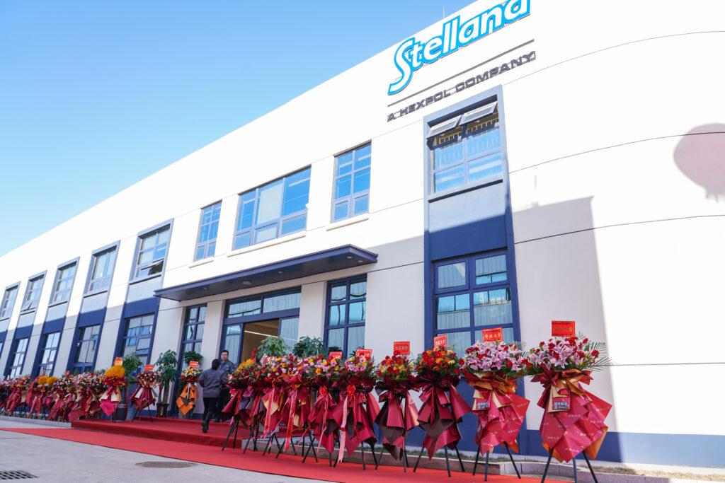 Front view of Stellana China's facility, decorated with flowers to celebrate being named HEXPOL Company of the Year 2024